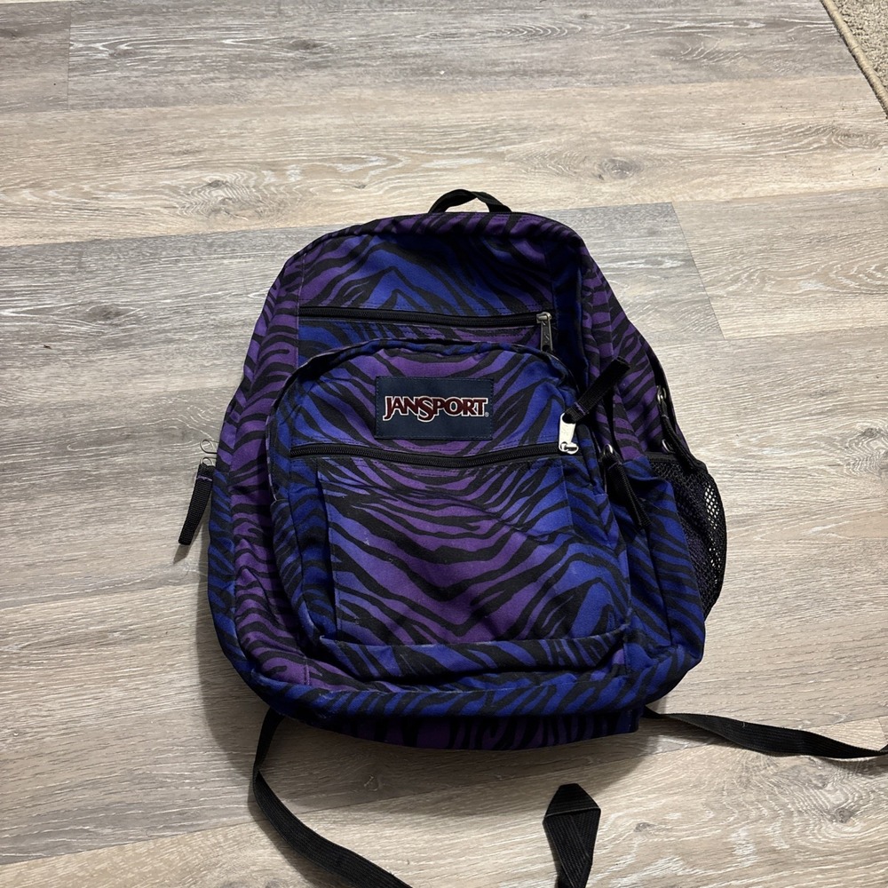 JanSport Big Backpack Purple Zebra Print Y2K School Bag 18" Limited Edition VTG